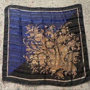 Vintage Valentino 100% Silk Italy Black and Blue Paisley Metallic Striped Scarf